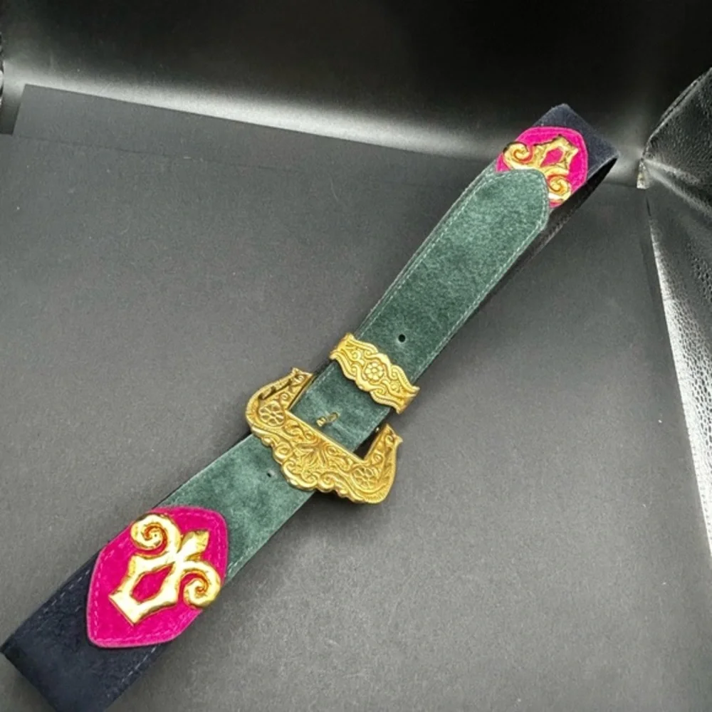 VTG‎ 80s-90s Doncaster Green Navy Pink Suede Leather Gold Women's Belt 40”